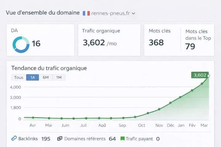 Rennes Pneus après SEO local par VBWEB, 3 600 visites/mois
